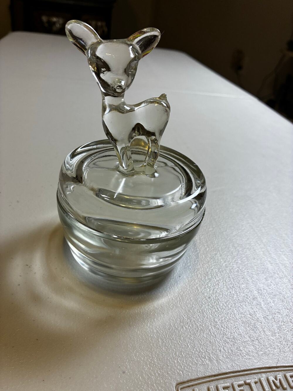 Vintage Jeannette Clear Glass Fawn Deer Trinket Box Powder Jar w/ Lid